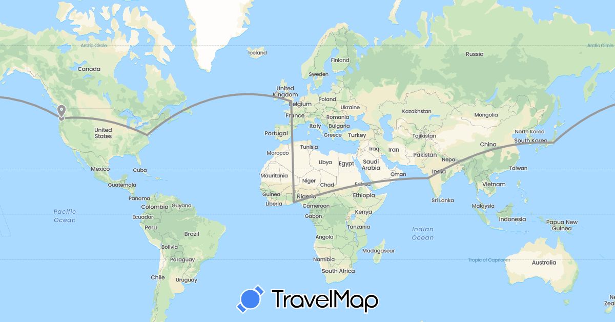 TravelMap itinerary: driving, plane in United Kingdom, India, Japan, Togo, United States (Africa, Asia, Europe, North America)